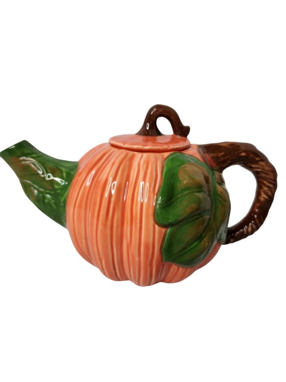 Vintage Autumn Orange Pumpkin Ceramic Teapot Lid Green Spout Brown Handle 5"
